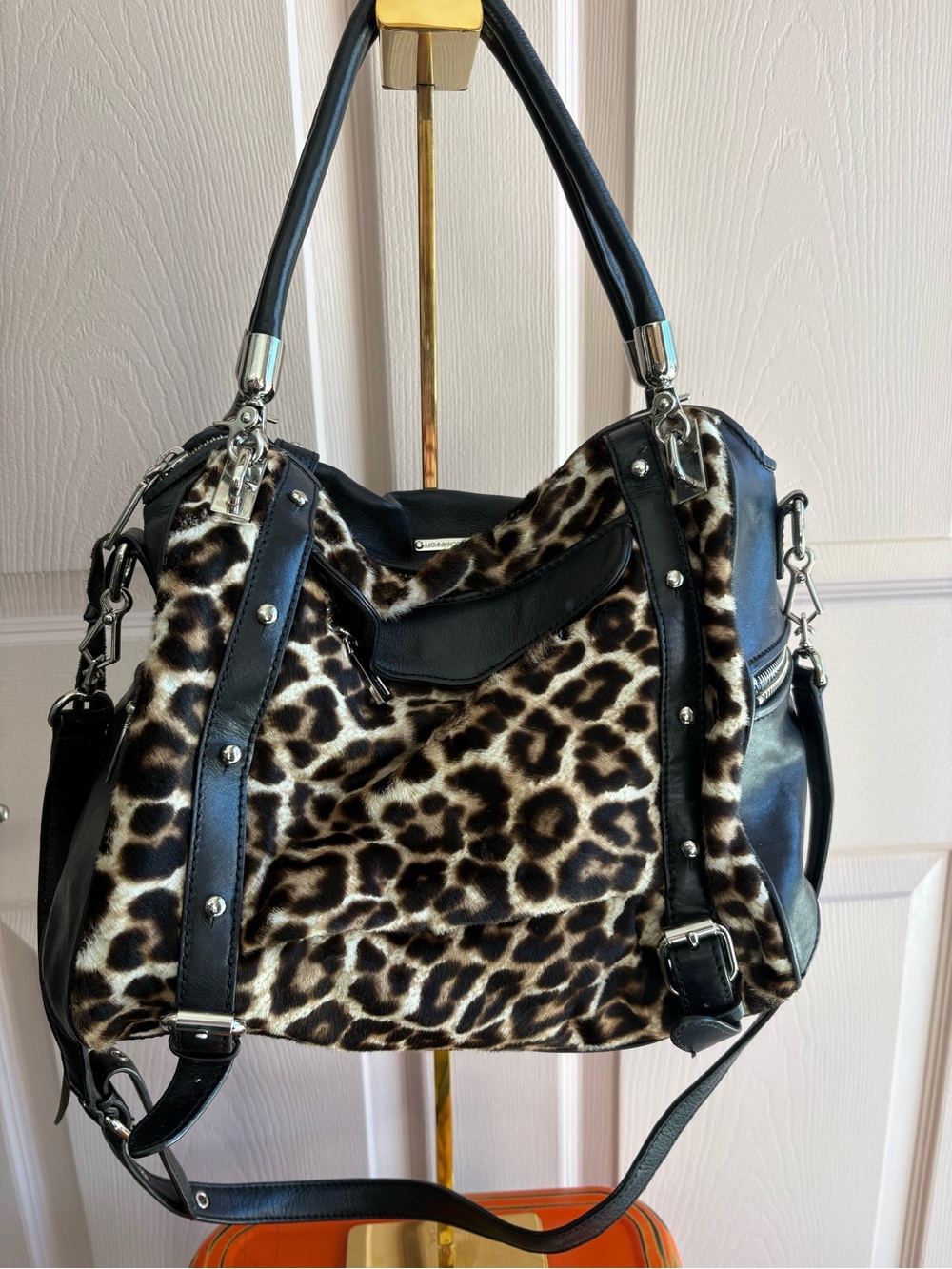 Rebecca Minkoff Leopard Print Faux Fur Shoulder Bag with Black Trim